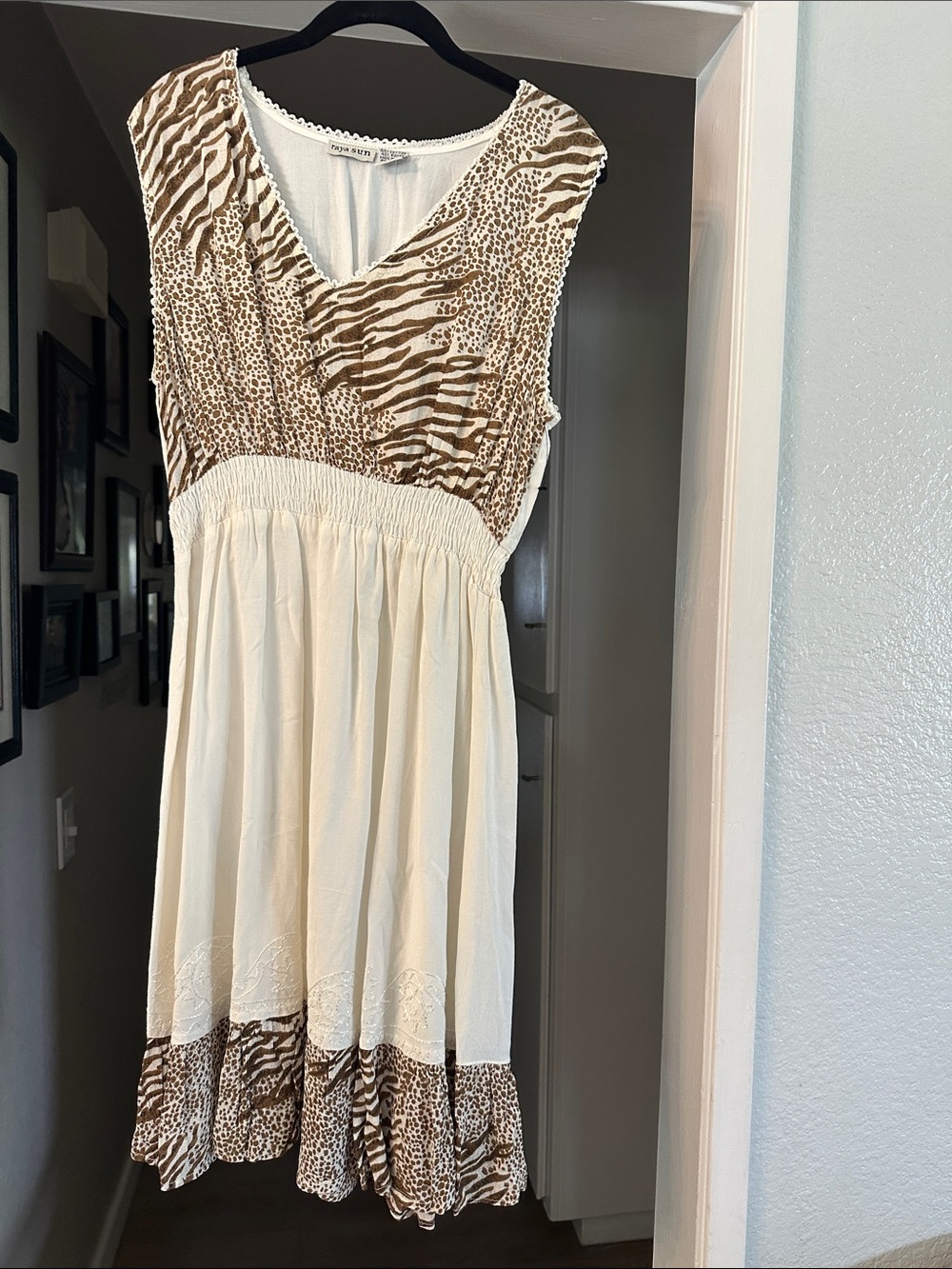 raya sun Cream and Brown Animal-Print Midi Dress